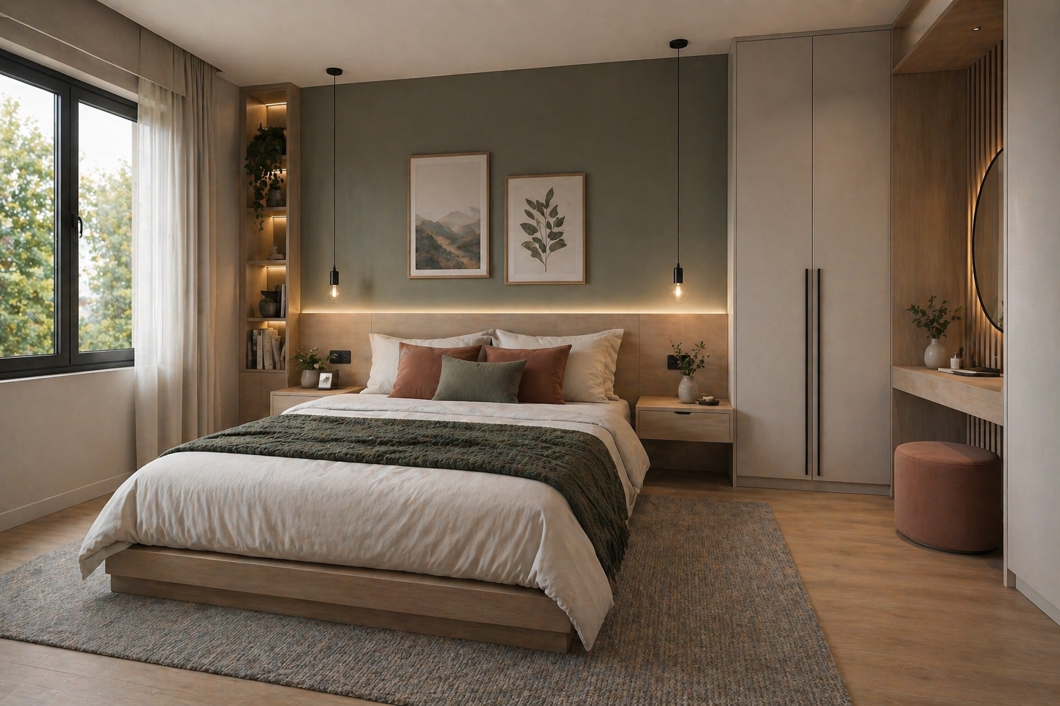Dormitorio cálido con almacenaje