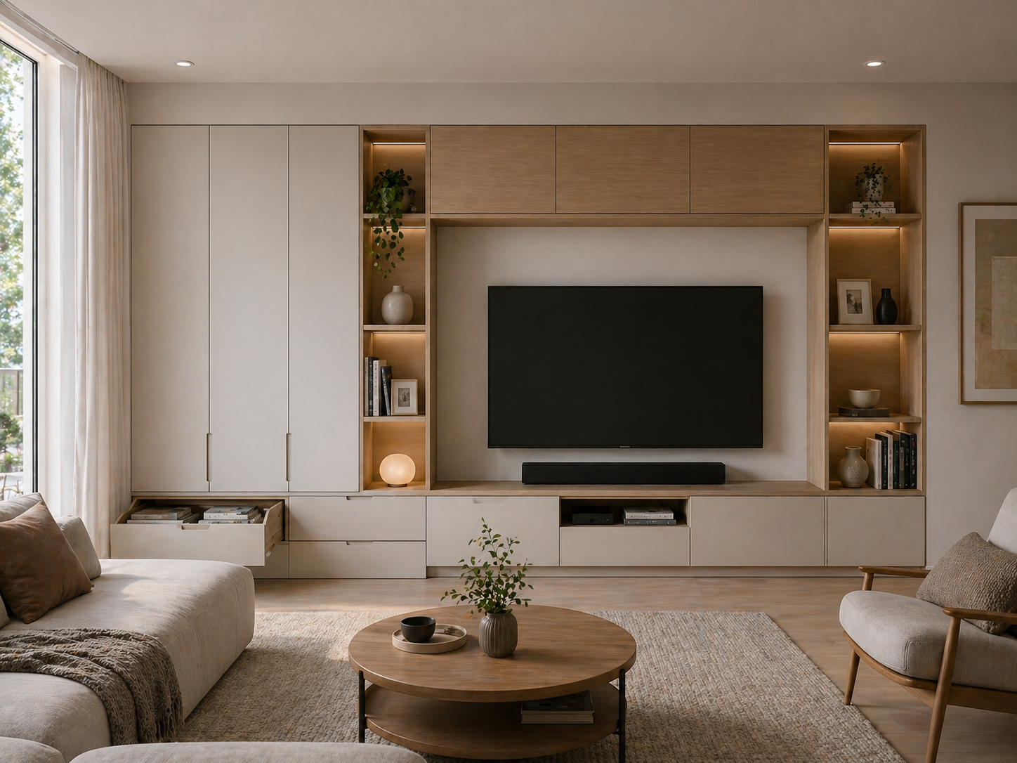 Almacenaje discreto en mueble de salón